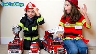 Pretend Play Cops & Robbers! Police and Firefighter Costumes + Fire Trucks | JackJackPlays
