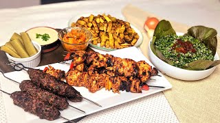 Full Mediterranean meal: beef kofta, chicken shish tawook, tabbouleh salad, and air fries