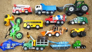 Names of cars and trucks for kids : construction trucks, excavator, backhoe, toys in English Arabic