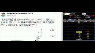 【大量保有】住石ホールディング［1514］に関して井村俊哉（個人）が大量保有報告書を提出。報告義務発生日は11月24日。保有割合は7.65％。２０２２１２０１　PTSで買いが殺到