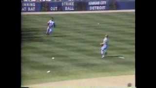 BO JACKSON CATCHES BALL AND THROWS RUNNER OUT AT 1ST - APRIL 17, 1988