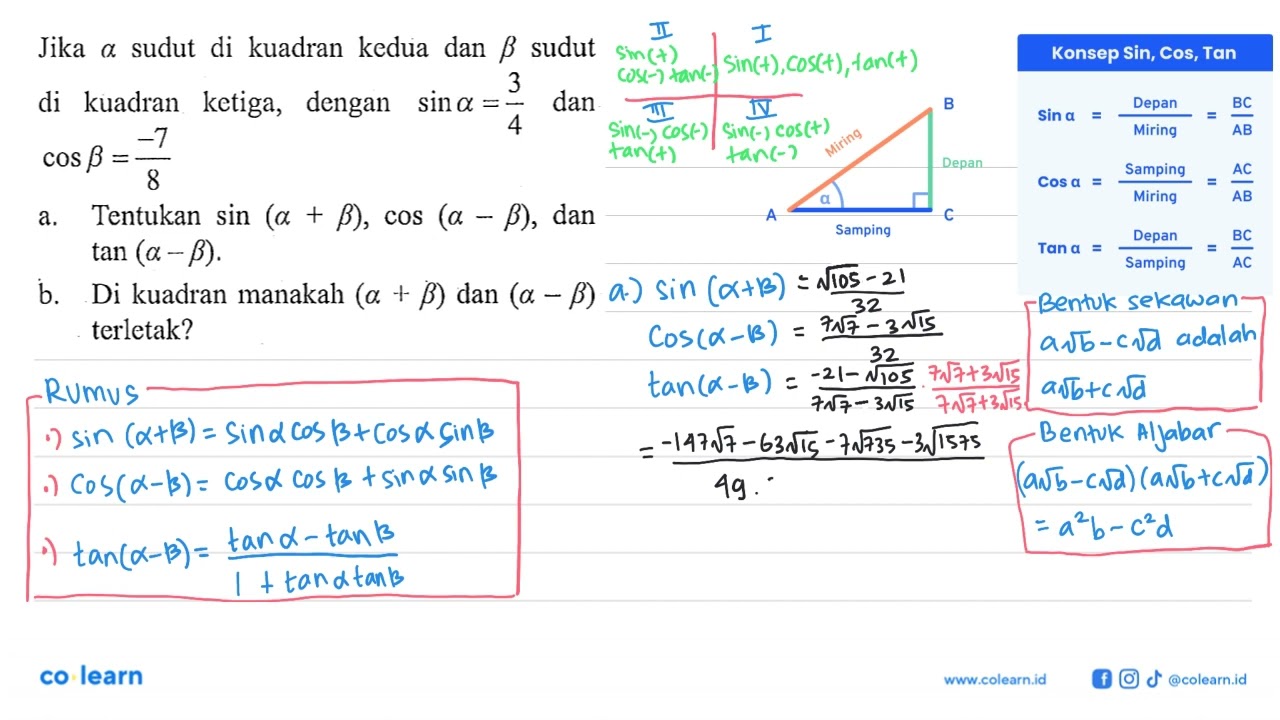 Jika A Sudut Di Kuadran Kedua Dan B Sudut Di Kuadran Ketiga, Dengan Sin ...