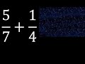 5/7 mas 1/4 . Suma de fracciones heterogeneas , diferente denominador 5/7+1/4 plus