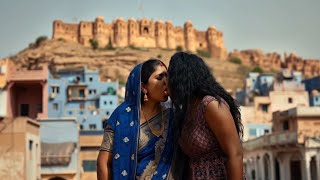 Sensual Lesbian Kisses Between an Indian Woman and an African Woman at the Majestic Mehrangarh Fort