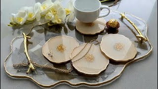 #1087 Elegant Gold And Cream Geode shaped Resin Coasters