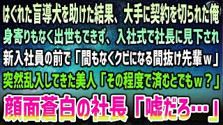 【感動する話】はぐれた盲導犬を助けた結果、大手の契約が切れる羽目に…入社式で社長「間もなくクビの先輩だｗ」会場に突然乱入してきた美人女性が駆け寄り「その程度で済むとでも？」社長「嘘だろ…」【