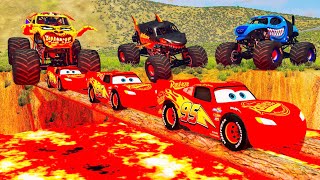 EPIC ESCAPE FROM 3 COLOR LIGHTNING MCQUEEN VS 3 MONSTER TRUCKS in BeamNG.Drive