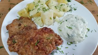 Meniu : Șnițel cu Cartofi Natur și  Sos de Mărar 🍛🧆🍛#cakes #viral #fypシ #bucătărie #cooking