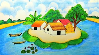 How to draw a riverside village scenery /  Beautiful village scenery easy step by step