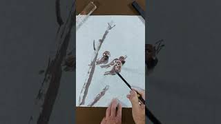 참새가족 수묵화로 그리기 How to draw sparrows on boughs, watercolor demo by Charlie J  #shorts