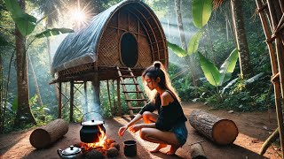 The Girl Builds a Wooden House in the Tropical Forest