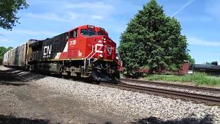 CN 3130 pulls an Eastbound auto carrier, container freight train, CN 3201 in middle at Vicksburg, MI