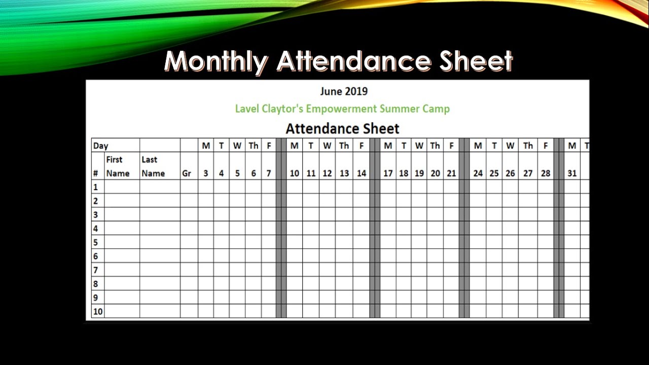 Microsoft Excel, Create A Monthly Attendance Sheet - YouTube