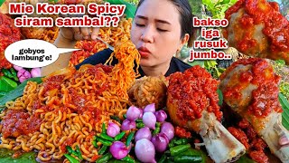 EAT SPICY NOODLES, RIBBON MEATBALLS DRESSED WITH CHILLI, RAW RED ONIONS, CABE, RAWIT, MUKBANG