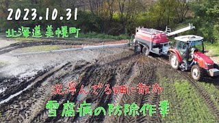 【2023.10.31】27haの小麦（ゆめちから）に雪腐病の防除　泥濘んでる畑ばかり　　　北海道美幌町