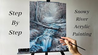 Winter Waterfall Landscape Acrylic Painting | Relaxing Painting Video