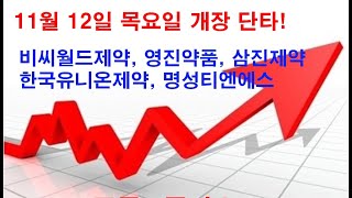 비씨월드제약, 영진약품, 삼진제약, 한국유니온제약, 명성티엔에스 종목으로 11월 12일 목요일 시장에서도 수익신화를 이어가자! 상승에너지가 강한 갭상승 종목입니다.