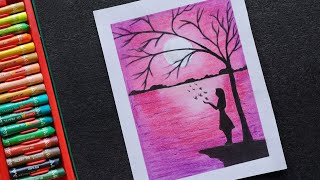 Drawing with oil pastel / Moonlight night scenery drawing