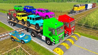 Flatbed Trailer Cars Transportation with Truck - Speedbumps vs Cars vs Train - BeamNG.Drive #111