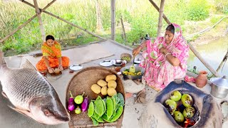 মায়ের হাতে গ্রাম্য পদ্ধতিতে আলু বেগুন সিম দিয়ে রুই মাছের ঝোল সাথে কাঁচা টমেটোর ভর্তা || fish curry