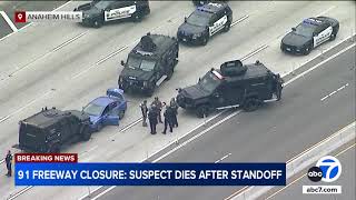 Suspect dead after standoff shuts down both sides of 91 Freeway in Anaheim