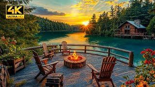 Spring Lakeside Cabin Porch: Cozy Campfire and Calming Nature Sounds for Morning Relaxation