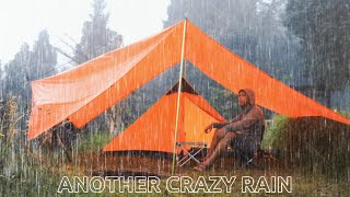 🌧️ STRONG RAIN & WIND! solo camping in heavy rain, 🔥 bonfire under the tarp, warm shelter