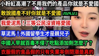 小粉紅高潮了不用我們的產品你就是不愛國，三等公民沒資格愛國，外國留學生才是親兒子，高額獎學金還安排工作，中國人早就百毒不侵了，衣服假的食品假的只有失業率倒閉潮經濟寒冬是真的，，#中国