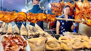 Street food at Toul Pongro market with grilled chicken, duck and honey, delicious fish is popular