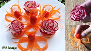 Beautiful Rose Flowers Made Of Red Radish & Carrot Trimming