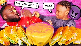 DROPPING FOOD ON MY DAD PRANK! CHEESY TACO MUKPRANK! (TACO BELL MUKBANG) | BEAST \u0026 JUJU