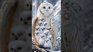 Beautiful owls birds with baby in snowfall  #forest #beautifulbirds #nature #owl #mother #love