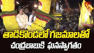 గజమాలతో చంద్రబాబుకి  ఘనస్వాగతం | Grand welcome to Chandrababu in Tadikonda | TOne News