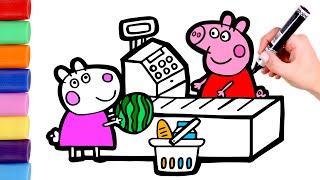 🌈 Dibuja y Colorea a PEPPA PIG 🐷 en el SUPERMERCADO 🛒🌈
