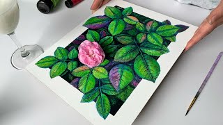 Rose leaf painting process / Depth leaves painting / Botanical painting / Acrylic painting technique