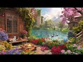 spring cozy cabin porch with cherry blossoms trees ambience campfire and spring lake sounds