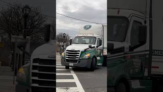 Freightliner truck rolls by Dunellen with a friendly driver! Through Dunellen