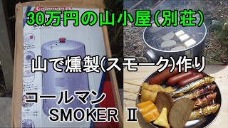 61.30万円の山小屋（別荘）　山で燻製（くんせい）作りに挑戦。チーズは失敗してしまいました。ジモティで入手した”コールマン　スモーカーⅡ”を試す。静岡の名物「黒はんぺん」をスモークしてみました。