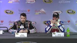 Dale Earnhardt Jr. tries not to laugh as Tony Stewart insults reporter