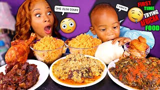 BABY ELIJAH First Time Trying AFRICAN FOOD Mukbang ( FUFU EGUSI SOUP \u0026 EFO RIRO ) QUEEN BEAST