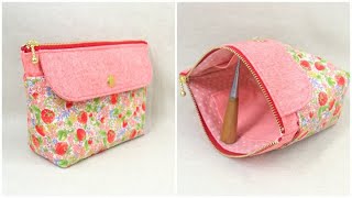 ファスナーポーチ作り方　マチ付きファスナー ポーチ簡単作り方　 蓋付き外ポケット　How to make a pouch　18ｃｍファスナー