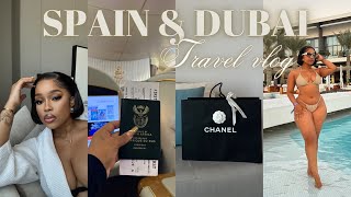 SPAIN & DUBAI TRAVEL VLOG: Flying first class experience || shopping || skin car