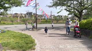 【港南台北公園】鯉に向かって走る赤ちゃん