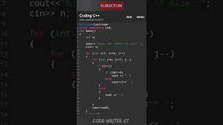 Best C++ pattern program tutorial video || 💯🧠 #youtubeshorts #coding #codewriter07 #programming