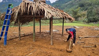 The boy worked hard to build a new farm, made a chicken coop, and built a bamboo hut.