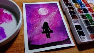 Easy Galaxy Moonlight Watercolor Painting for Beginners | Step-by-step Tutorial