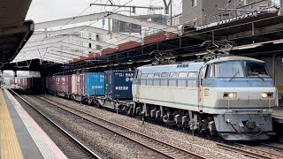 JR貨物EF66形100番台123号機＋コキ24B（両）が新秋津駅を通過するシーン（75レ・吹A19・コンテナ輸送）2022.1.23