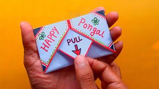 DIY - SURPRISE MESSAGE CARD FOR PONGAL FESTIVAL/Pull Tab Origami Envelope Card/pongel greeting card