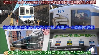 【東武8000系8574Fが3月7日より亀戸線にて運用】2両の10030系リニューアル車が館林地区運用入りで緑の8000系8568Fが置き換えに ~2両編成8000系は車内無塗装ステンレスドアのみに~