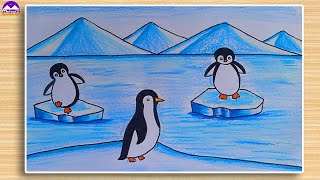 How to Draw a Penguin on Ice scenery  | HOW TO DRAW A PENGUIN